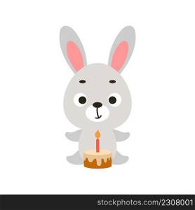 Cute little bunny with birthday cake on white background. Cartoon animal character for kids cards, baby shower, invitation, poster, t-shirt composition, house interior. Vector stock illustration.