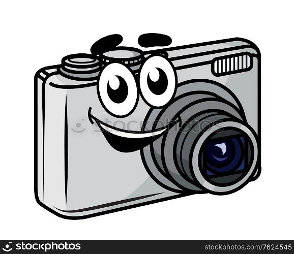 Cute little cartoon compact digital camera with a happy smile isolated on white