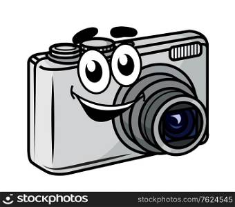 Cute little cartoon compact digital camera with a happy smile isolated on white