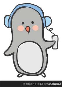 Cute little cartoon penguin in grey color is listening to music with its blue-colored headphones vector color drawing or illustration