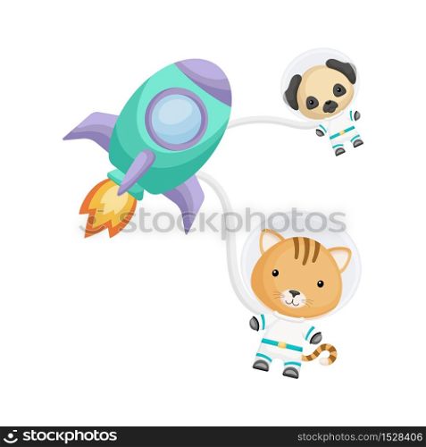 Cute little cat and dog astronauts flying in rocket and open space. Graphic element for childrens book, album, scrapbook, postcard, invitation. Flat vector stock illustration isolated on white background.