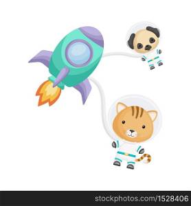 Cute little cat and dog astronauts flying in rocket and open space. Graphic element for childrens book, album, scrapbook, postcard, invitation. Flat vector stock illustration isolated on white background.