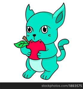 cute little cat eating apples. cartoon illustration cute sticker