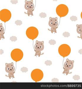 Cute little cat flying on balloon seamless childish pattern. Funny cartoon animal character for fabric, wrapping, textile, wallpaper, apparel. Vector illustration
