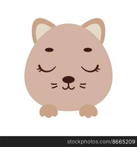 Cute little cat head with closed eyes. Cartoon animal character for kids t-shirts, nursery decoration, baby shower, greeting card, invitation, house interior. Vector stock illustration