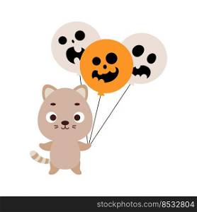 Cute little cat holding Halloween balloons. Cartoon animal character for kids t-shirts, nursery decoration, baby shower, greeting card, invitation. Vector stock illustration