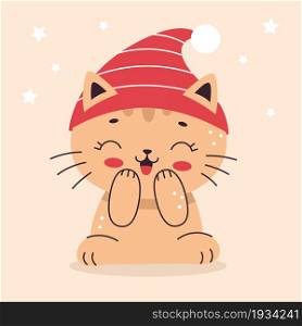 Cute little cat in a cap. Illustration in cartoon flat style. Home pet, kitten. Vector illustration for nursery, print on textiles, cards, clothes.