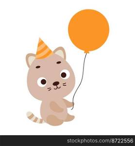 Cute little cat in birthday hat holding balloon. Cartoon animal character for kids t-shirt, nursery decoration, baby shower, greeting card, house interior. Vector stock illustration