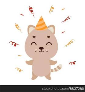 Cute little cat in birthday hat on white background. Cartoon animal character for kids t-shirt, nursery decoration, baby shower, greeting card, house interior. Vector stock illustration