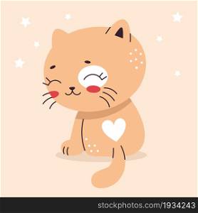Cute little cat in cartoon flat style. Home pet, kitten. Vector illustration for nursery, print on textiles, cards, clothes.