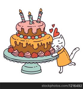 Cute little cat love her birthday cake. Isolated objects on white background. Vector illustration.