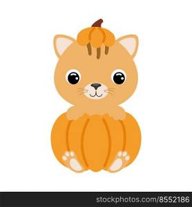 Cute little cat sitting in a pumpkin. Cartoon animal character for kids t-shirts, nursery decoration, baby shower, greeting card, invitation. Vector stock illustration