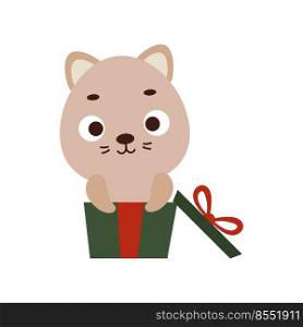 Cute little cat sitting in gift box. Cartoon animal character for kids t-shirts, nursery decoration, baby shower, greeting cards, invitations, house interior. Vector stock illustration.