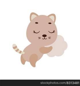 Cute little cat sleeping on cloud. Cartoon animal character for kids t-shirt, nursery decoration, baby shower, greeting cards, invitations, house interior. Vector stock illustration