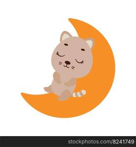 Cute little cat sleeping on moon. Cartoon animal character for kids t-shirt, nursery decoration, baby shower, greeting cards, invitations, house interior. Vector stock illustration
