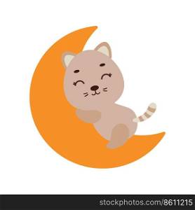 Cute little cat sleeping on moon. Cartoon animal character for kids t-shirt, nursery decoration, baby shower, greeting cards, invitations, house interior. Vector stock illustration