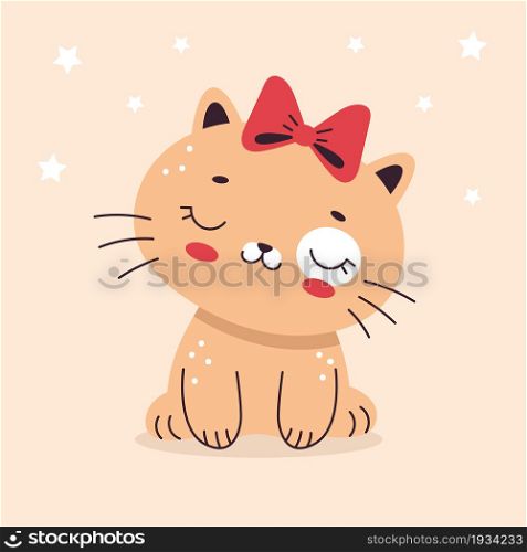 Cute little cat with a bow. Illustration in cartoon flat style. Home pet, kitten. Vector illustration for nursery, print on textiles, cards, clothes.