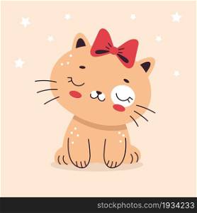Cute little cat with a bow. Illustration in cartoon flat style. Home pet, kitten. Vector illustration for nursery, print on textiles, cards, clothes.