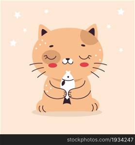 Cute little cat with a fish. Illustration in cartoon flat style. Home pet, kitten. Vector illustration for nursery, print on textiles, cards, clothes.