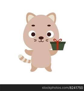 Cute little cat with gift box on white background. Cartoon animal character for kids t-shirt, nursery decoration, baby shower, greeting card, invitation, house interior. Vector stock illustration