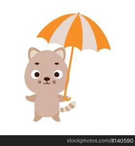Cute little cat with umbrella. Cartoon animal character for kids t-shirts, nursery decoration, baby shower, greeting card, invitation, house interior. Vector stock illustration