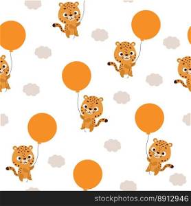 Cute little cheetah flying on balloon seamless childish pattern. Funny cartoon animal character for fabric, wrapping, textile, wallpaper, apparel. Vector illustration