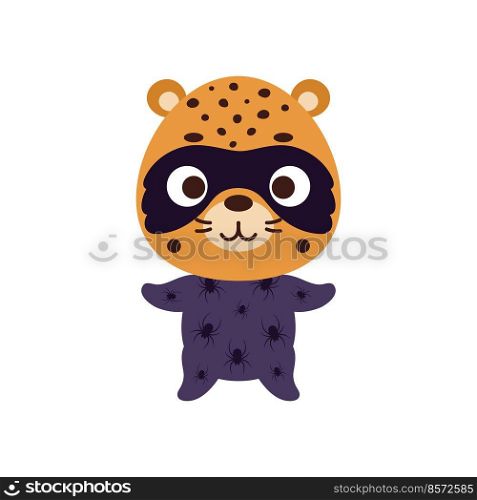 Cute little cheetah in a Halloween costume. Cartoon animal character for kids t-shirts, nursery decoration, baby shower, greeting card, invitation, house interior. Vector stock illustration
