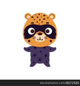 Cute little cheetah in a Halloween costume. Cartoon animal character for kids t-shirts, nursery decoration, baby shower, greeting card, invitation, house interior. Vector stock illustration
