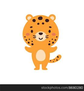 Cute little cheetah on white background. Cartoon animal character for kids cards, baby shower, invitation, poster, t-shirt composition, house interior. Vector stock illustration