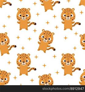Cute little cheetah seamless childish pattern. Funny cartoon animal character for fabric, wrapping, textile, wallpaper, apparel. Vector illustration