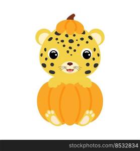 Cute little cheetah sitting in a pumpkin. Cartoon animal character for kids t-shirts, nursery decoration, baby shower, greeting card, invitation. Vector stock illustration