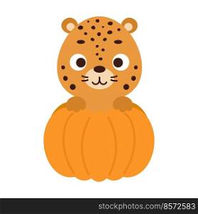 Cute little cheetah sitting in a pumpkin. Cartoon animal character for kids t-shirts, nursery decoration, baby shower, greeting card, invitation. Vector stock illustration