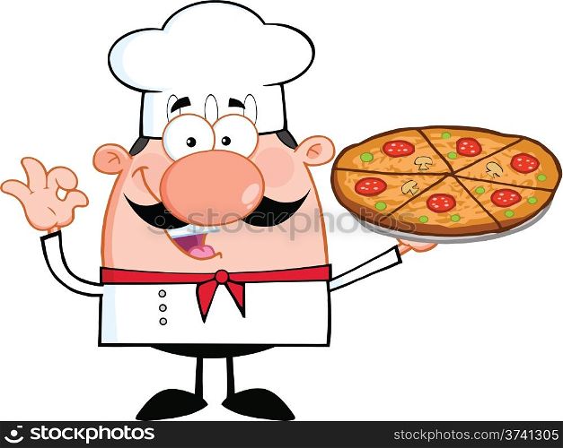 Cute Little Chef Cartoon Character Holding A Pizza Pie