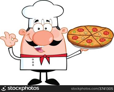 Cute Little Chef Cartoon Character Holding A Pizza Pie