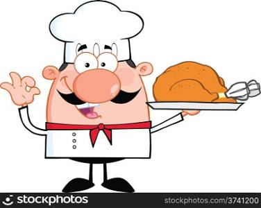 Cute Little Chef Cartoon Character Holding Whole Roast Turkey