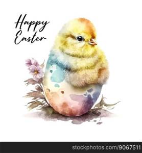 Cute little chick in cracked egg vector graphic illustration. Easter themed, yellow chicken watercolor cartoon with cracked eggshell, isolated on white background.