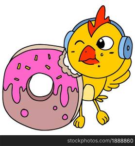 cute little chicken is eating donuts. cartoon illustration sticker mascot emoticon
