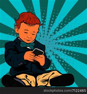 Cute little child is talking on his smartphone sitting in his business suit. Pop art retro illustration.