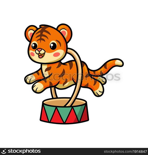 Cute little circus tiger jumping through ring