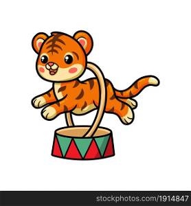 Cute little circus tiger jumping through ring