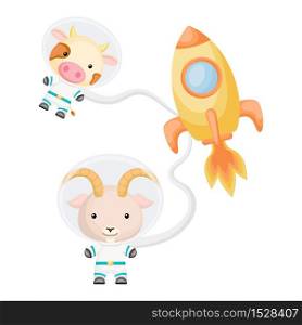 Cute little cow and goat astronauts flying in and open space. Graphic element for childrens book, album, scrapbook, postcard, invitation. Flat vector stock illustration isolated on white background.