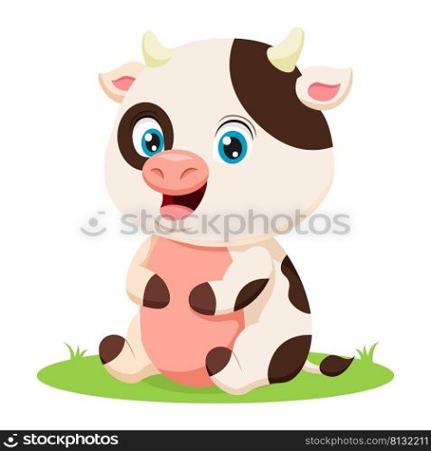 Cute little cow cartoon sitting in grass