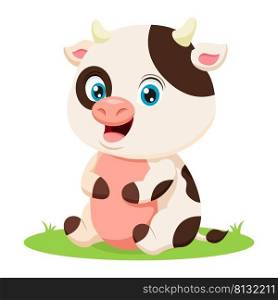 Cute little cow cartoon sitting in grass