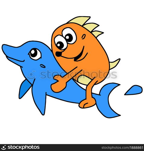 cute little creature is swimming hugging a dolphin. cartoon illustration sticker mascot emoticon