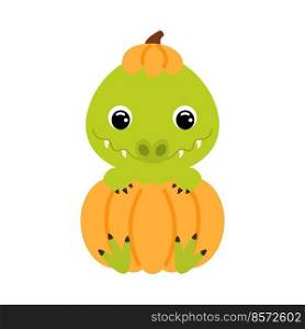 Cute little crocodile sitting in a pumpkin. Cartoon animal character for kids t-shirts, nursery decoration, baby shower, greeting card, invitation. Vector stock illustration