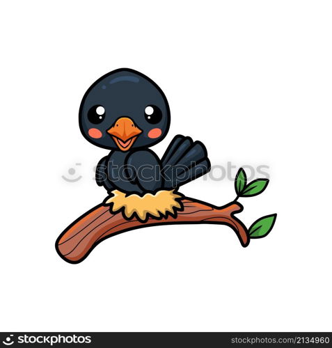 Cute little crow cartoon on tree branch