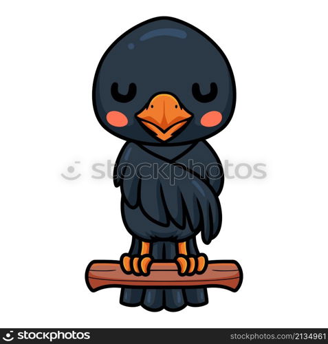 Cute little crow cartoon on tree branch