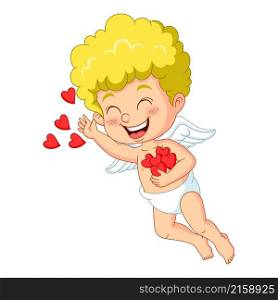 Cute little cupid cartoon with red hearts