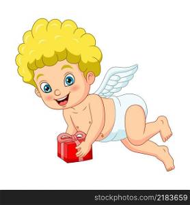 Cute little cupid holding red gift box