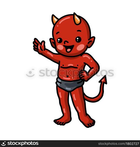 Cute little devil cartoon waving hand